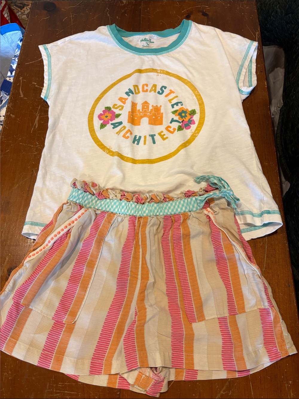 Matilda Jane White Tee & Pink Orange Striped Shorts Kids Matching Set